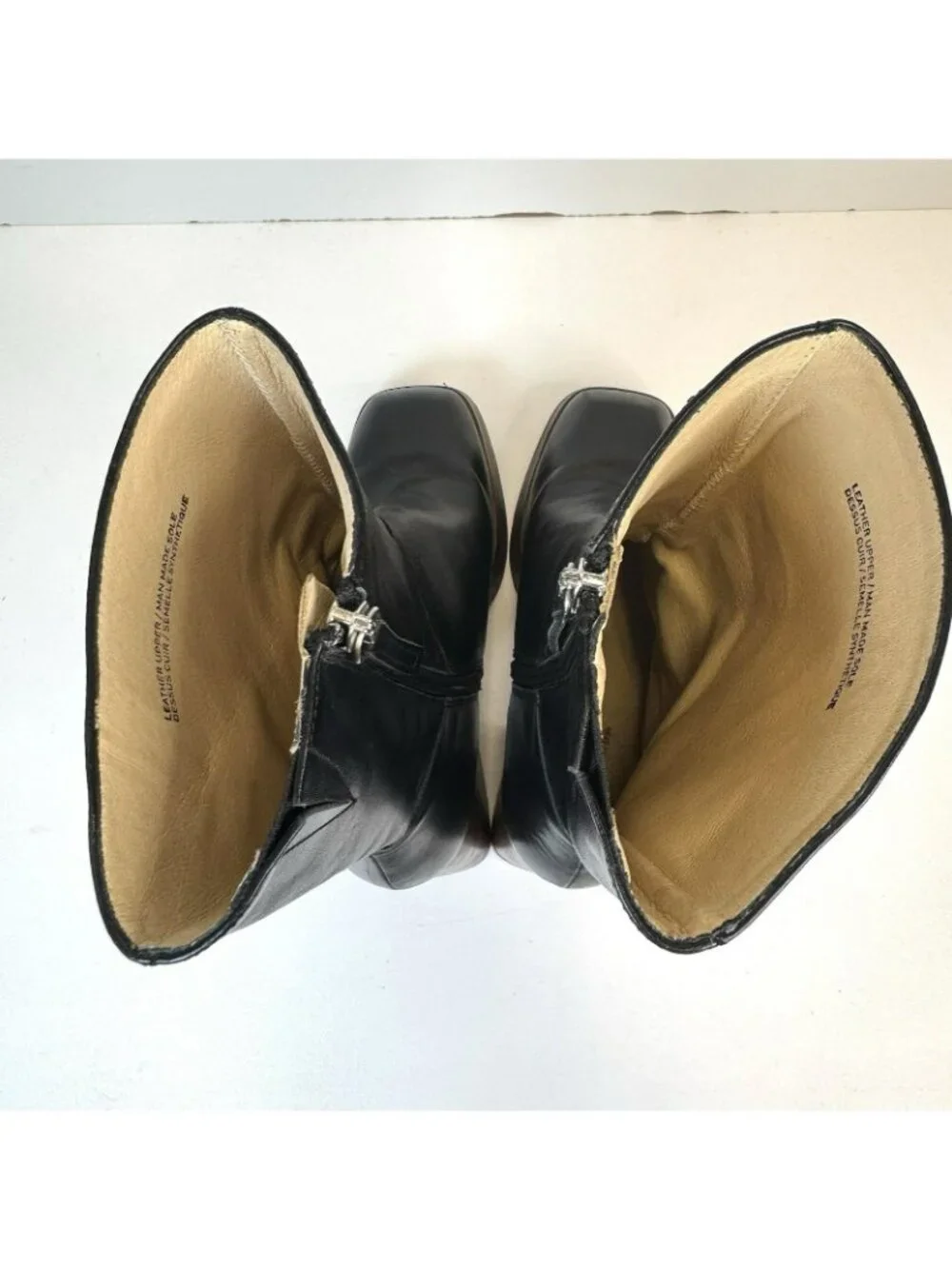 Ana Palma Mid Calf Leather Boots Black Block Heel Square Toe 90s Size 38 US 7 - Picture 7 of 12